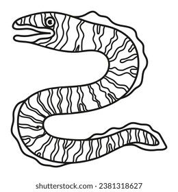 moray eel, vector illustration isolated on white background, contour drawing of sea animal with open mouth, outline cartoon sea character