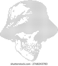 A morbid 1-bit dithered skull inside a bucket or trash can using a retro dotted halftone style for dark humor and horror.