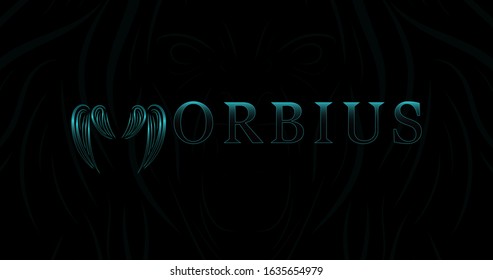 Morbius logo text. Liquid blue neon background. Sharp fangs logo.