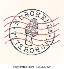 Morchella Stamp Postal. Morel Mushroom Silhouette Seal. Passport Round Design. Vector Icon. Design Retro Travel.