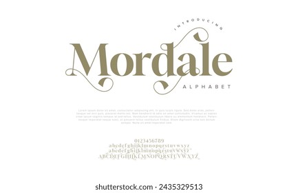 Mordale premium luxury elegant alphabet letters and numbers. Elegant wedding typography classic serif font decorative vintage retro. Creative vector illustration