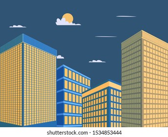Mordern building design vector illustration.Tower with sky background.Downtown in night scene.Perspective buiding city