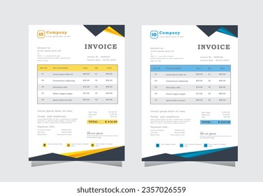 Mordern Invoice template design, abstract and geometric shapes. Professional corporate and business invoice, accounting or finance document for payment  budget, creative office invoice template.