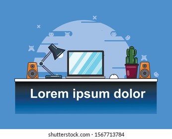 Mordern minimalist workspace on home or studio. Vector interior illustration design. Blue colors