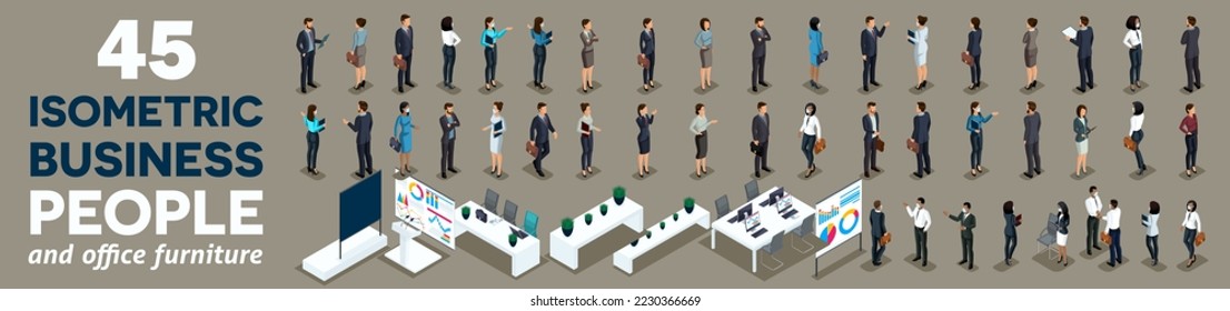 More 40 Isometric kit of 3D businessmen, businesswomen and office furniture. Front and back view