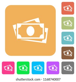 More banknotes flat icons on rounded square vivid color backgrounds.