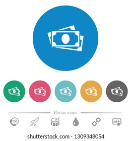 More banknotes flat white icons on round color backgrounds. 6 bonus icons included.