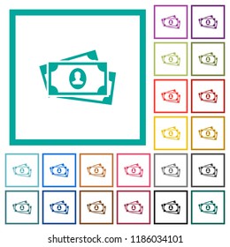 More banknotes with portrait flat color icons with quadrant frames on white background