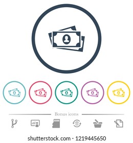 More banknotes with portrait flat color icons in round outlines. 6 bonus icons included.