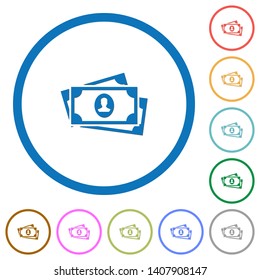 More banknotes with portrait flat color vector icons with shadows in round outlines on white background