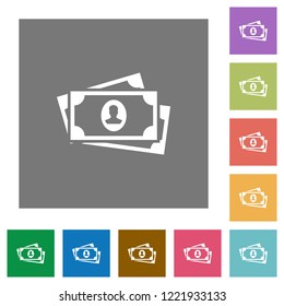 More banknotes with portrait flat icons on simple color square backgrounds