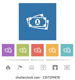 More banknotes with portrait flat white icons in square backgrounds. 6 bonus icons included.