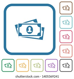 More banknotes with portrait simple icons in color rounded square frames on white background