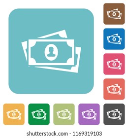 More banknotes with portrait white flat icons on color rounded square backgrounds