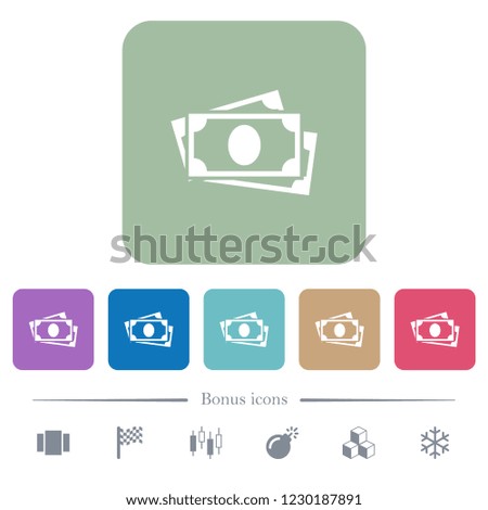 More banknotes white flat icons on color rounded square backgrounds. 6 bonus icons included