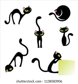 More Black Cat Poses Set Vector Illustration Isolated on White