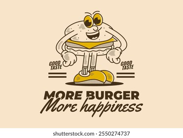 Más hamburguesa más cita de felicidad. Personaje de hamburguesa de pie en cara feliz, diseño de ilustración