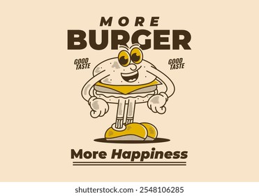 Más hamburguesa, más felicidad. Personaje de hamburguesa de pie en cara feliz, diseño de ilustración