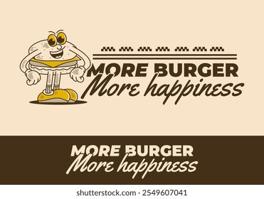 Más hamburguesa, más felicidad. Personaje de hamburguesa de pie en cara feliz, diseño de ilustración en colores marrones retro