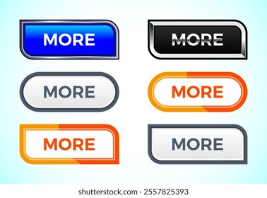 More button set of different shapes and colors. Suitable for mobile app, and website UI design.