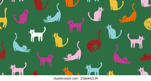 More cats on a grass. Simple animals seamless pattern. Yoga cats. Color kitties and cats. City of cats