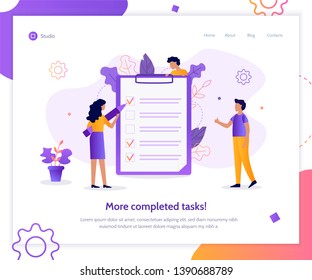 ¡Tareas más completadas! Banner web de administración de tiempo. Lista de comprobación.  Ilustración vectorial plana.