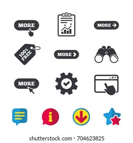 More with cursor pointer icon. Details with arrow or hand symbols. Click more sign. Browser window, Report and Service signs. Binoculars, Information and Download icons. Stars and Chat. Vector
