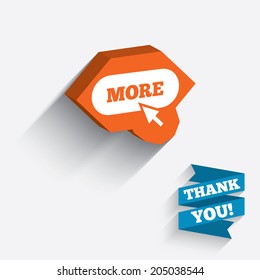 More with cursor pointer sign icon. Details symbol. Website navigation. White icon on orange 3D piece of wall. Carved in stone with long flat shadow. Vector