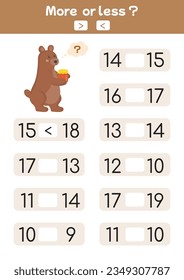 More, equal, less game. Math page, colorful mathematic worksheets, useful mathematical games for school and kindergarten. Ideal for early child development, preschool education. Counting. 