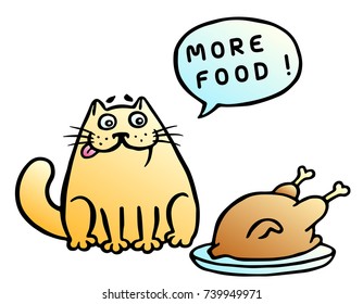 More food. Speech bubble. Orange cat and fried chicken. Vector illustration. Funny cartoon cool character.