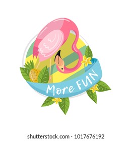 More fun tropical summer label, design element with palm leaves, exotic flowers, pineapples and flamingo vector Illustration