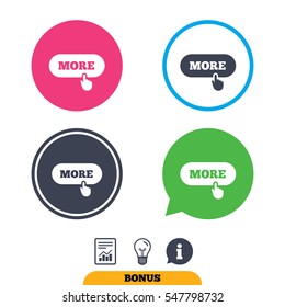 More with hand pointer sign icon. Details symbol. Website navigation. Report document, information sign and light bulb icons. Vector