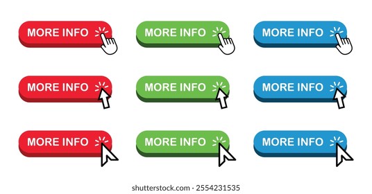 More info icon buttons with hand and two type arrow cursors. More info web buttons in simple style.
