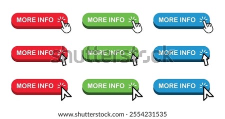 More info icon buttons with hand and two type arrow cursors. More info web buttons in simple style.