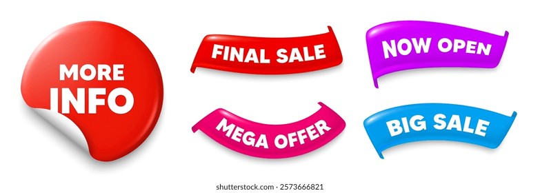 More info sticker, Sale offer ribbons. Big sale, Now open. More info tag. Navigation sign. Read description symbol. Sticker badge. Flag ribbon banners. Discount offer banners. Vector