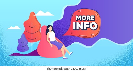 More info symbol. Woman relaxing in bean bag. Navigation sign. Read description. Freelance employee sitting in beanbag. More info chat bubble. Vector