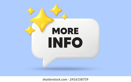 More info tag. 3d speech bubble banner with stars. Navigation sign. Read description symbol. More info chat speech message. 3d offer talk box. Vector