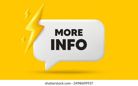 Etiqueta de más información. Anuncio de burbuja de discurso 3D con energía de potencia. Signo de navegación. Lea el símbolo de descripción. Más información mensaje de discurso de chat. 3D oferta talk box. Vector