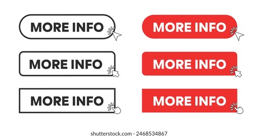 More Info Web Button in Red Rectangle and outline style. Computer mouse click cursor or arrow pointer symbol