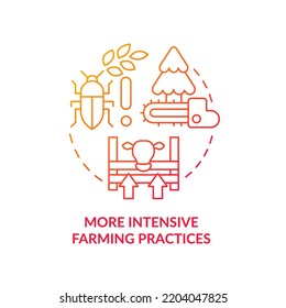 More intensive farming practices red gradient concept icon. Agriculture. Overpopulation effects abstract idea thin line illustration. Isolated outline drawing. Myriad Pro-Bold fonts used