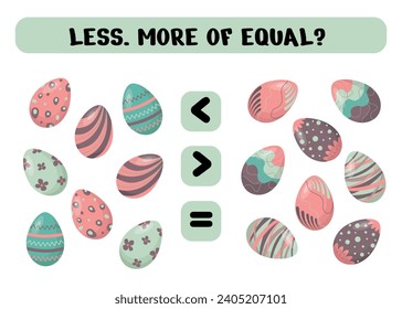 More, less with cartoon Easter eggs.Comparison of objects for kids. Math educational game for children with Easter eggs