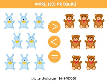   More or less. Compare teddy bears and toy rabbits. Math and logical game for kids.