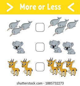 More or less. Educational activity worksheet for kids and toddlers. Isolated color vector illustration in cute cartoon style.