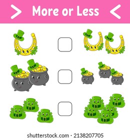 More or less. Educational activity worksheet for kids and toddlers. Isolated color vector illustration in cute cartoon style. St. Patrick's day.