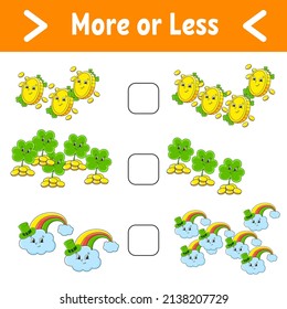 More or less. Educational activity worksheet for kids and toddlers. Isolated color vector illustration in cute cartoon style. St. Patrick's day.