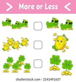 More or less. Educational activity worksheet for kids and toddlers. Isolated color vector illustration in cute cartoon style. St. Patrick's day.