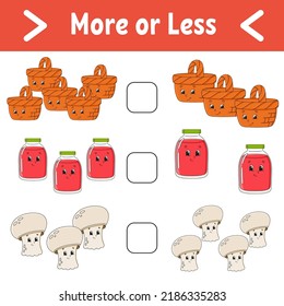 More or less. Educational activity worksheet for kids and toddlers. Isolated color vector illustration in cute cartoon style.