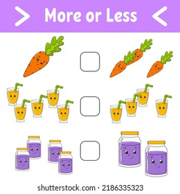 More or less. Educational activity worksheet for kids and toddlers. Isolated color vector illustration in cute cartoon style.