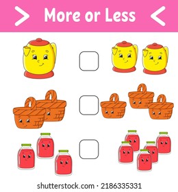 More or less. Educational activity worksheet for kids and toddlers. Isolated color vector illustration in cute cartoon style.