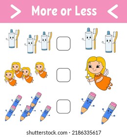Más o menos. Hoja de trabajo de actividades educativas para niños y niños pequeños. Tema de la higiene. Ilustración vectorial de color aislada en estilo de dibujos animados bonitos.